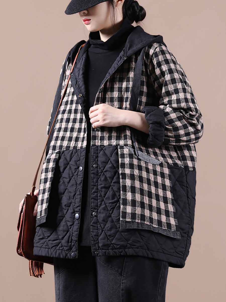 Cappotto imbottito con cappuccio colorblock a quadri in stile coreano da donna
