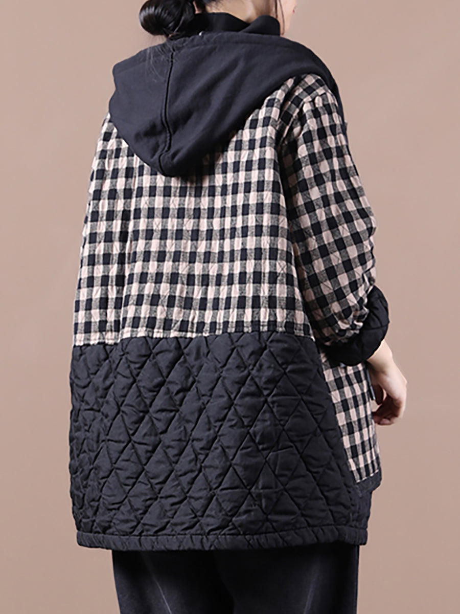 Cappotto imbottito con cappuccio colorblock a quadri in stile coreano da donna