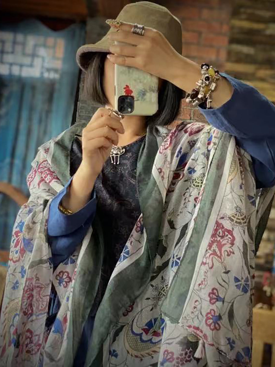 Sciarpa scialle con nappe stampate in cotone vintage Artsy