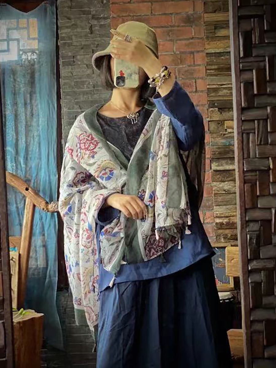Sciarpa scialle con nappe stampate in cotone vintage Artsy