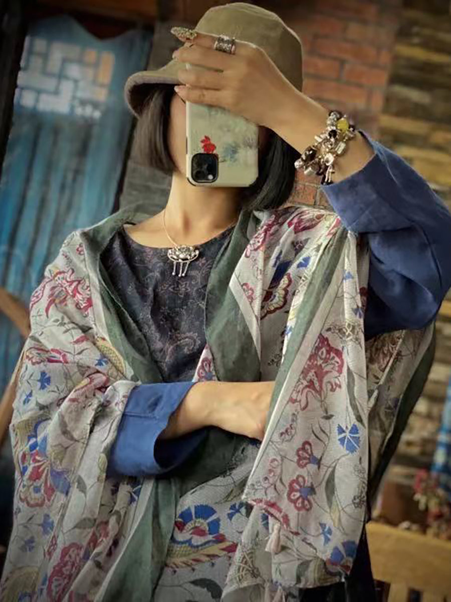 Sciarpa scialle con nappe stampate in cotone vintage Artsy