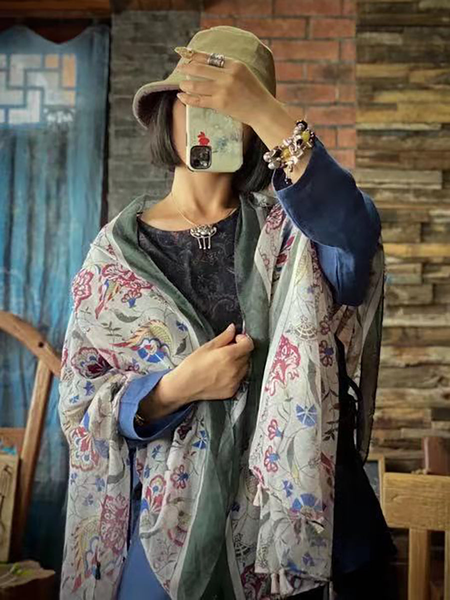 Sciarpa scialle con nappe stampate in cotone vintage Artsy