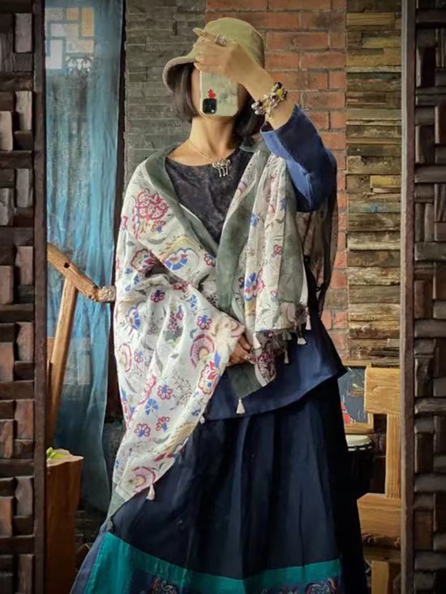 Sciarpa scialle con nappe stampate in cotone vintage Artsy