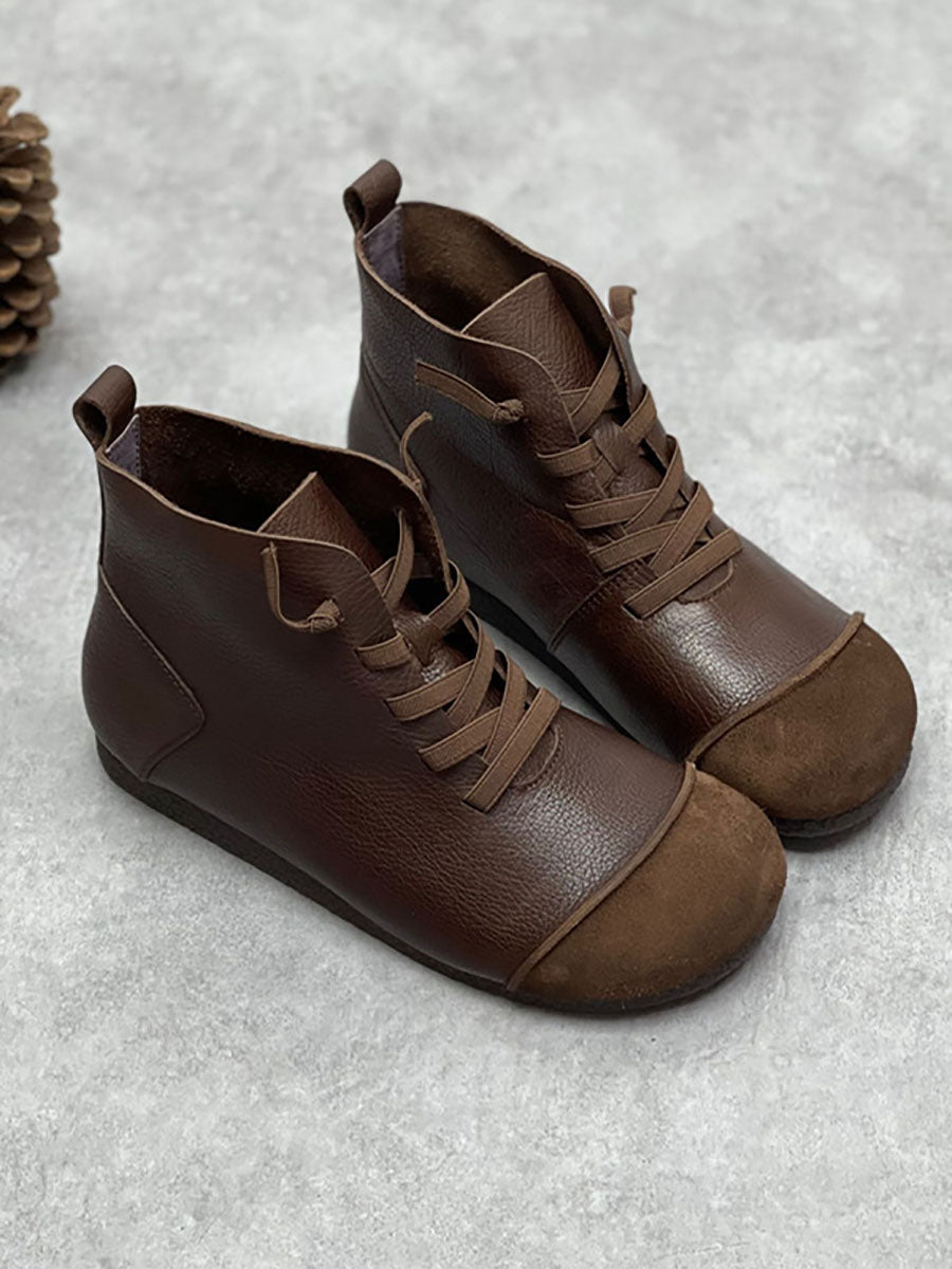 Stivaletti invernali da donna in pelle vintage con coulisse e giunture