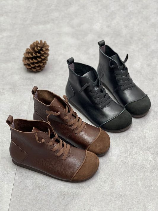 Stivaletti invernali da donna in pelle vintage con coulisse e giunture
