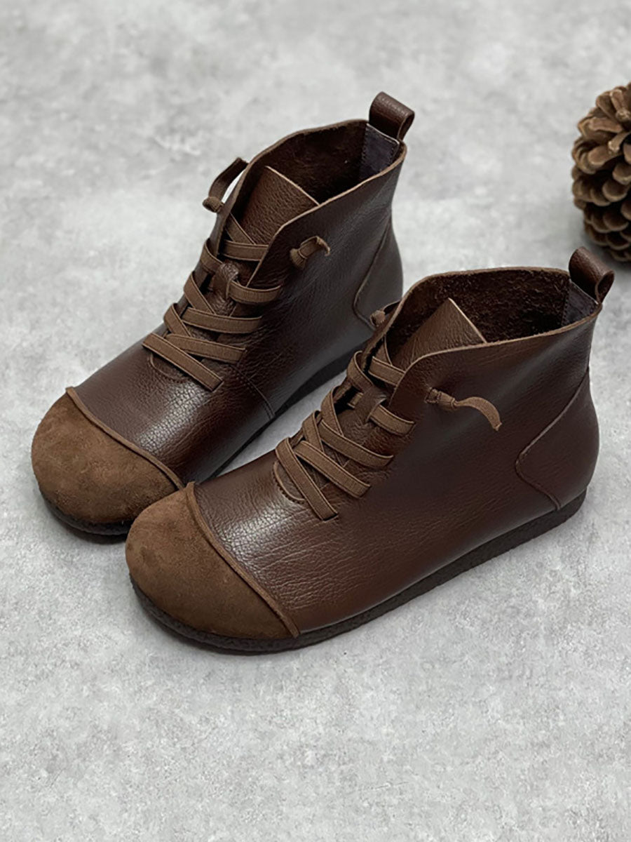 Stivaletti invernali da donna in pelle vintage con coulisse e giunture