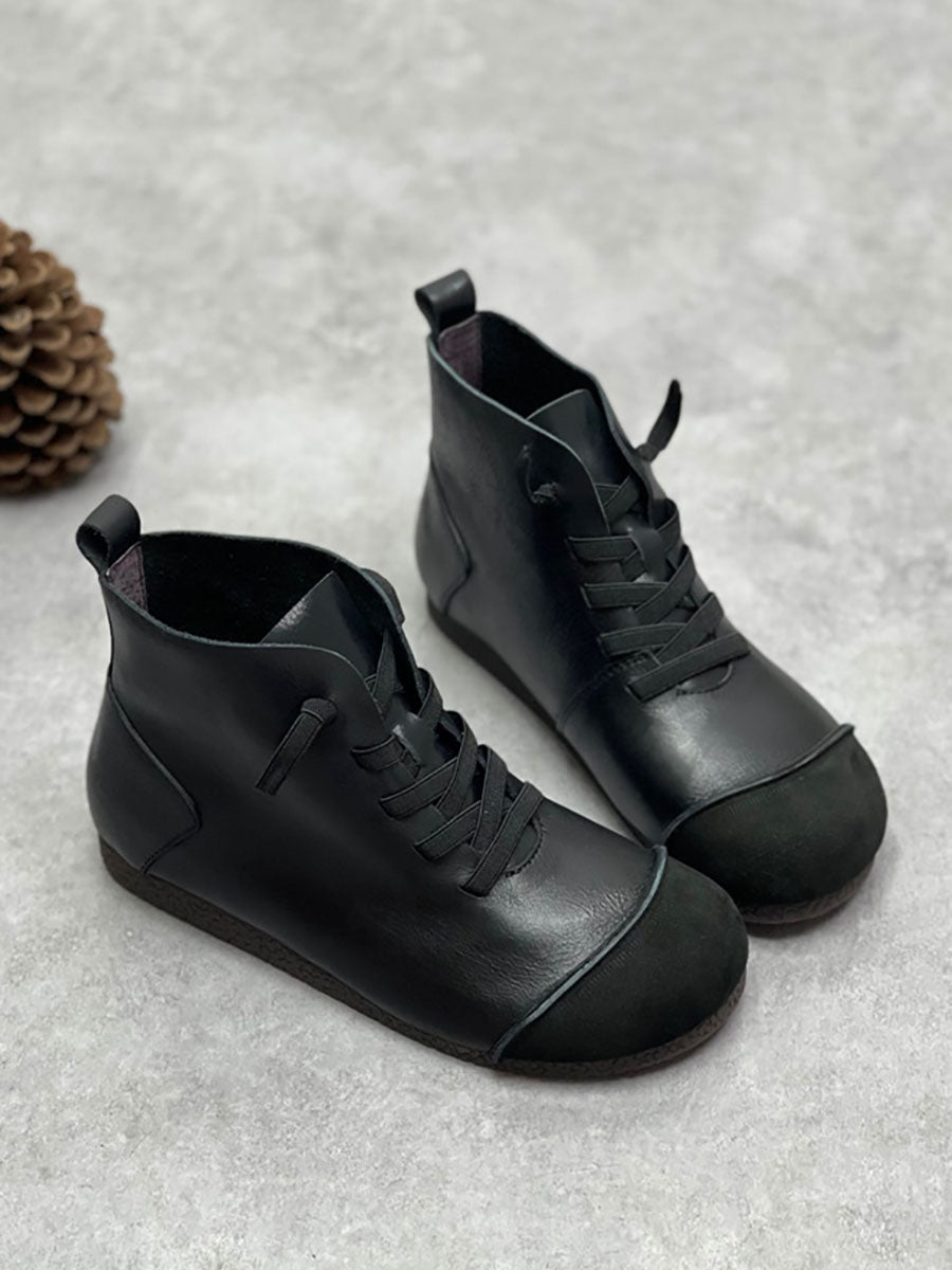 Stivaletti invernali da donna in pelle vintage con coulisse e giunture