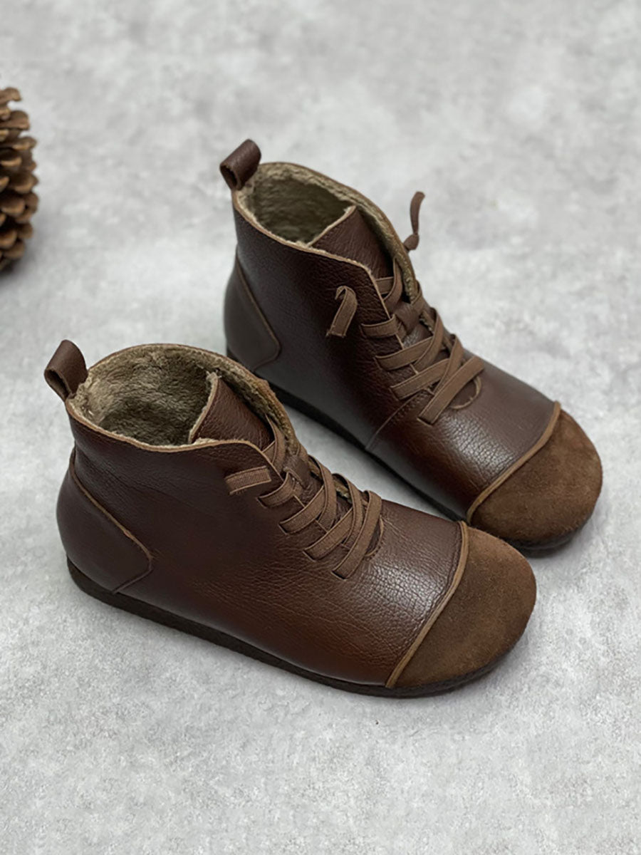 Stivaletti invernali da donna in pelle vintage con coulisse e giunture