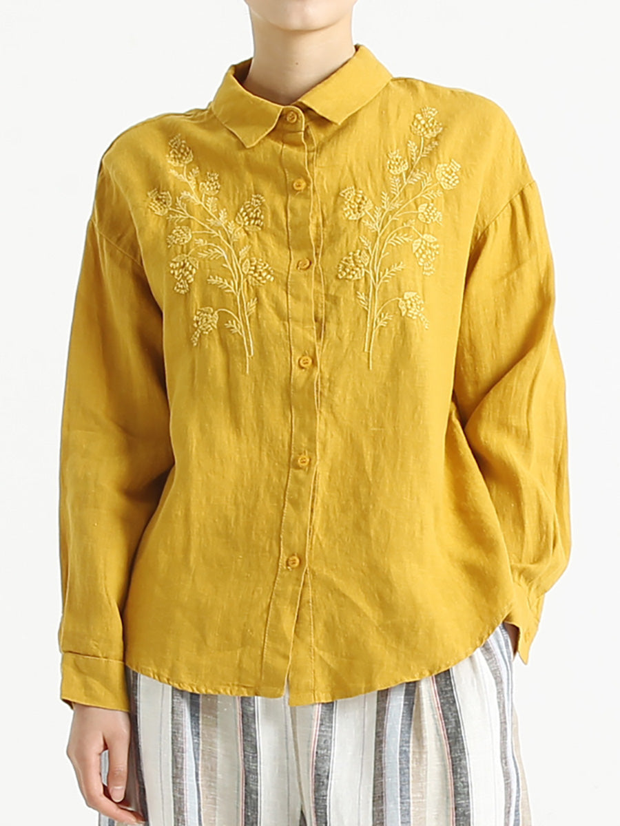 Chemise ample brodée en lin à manches longues pour femme