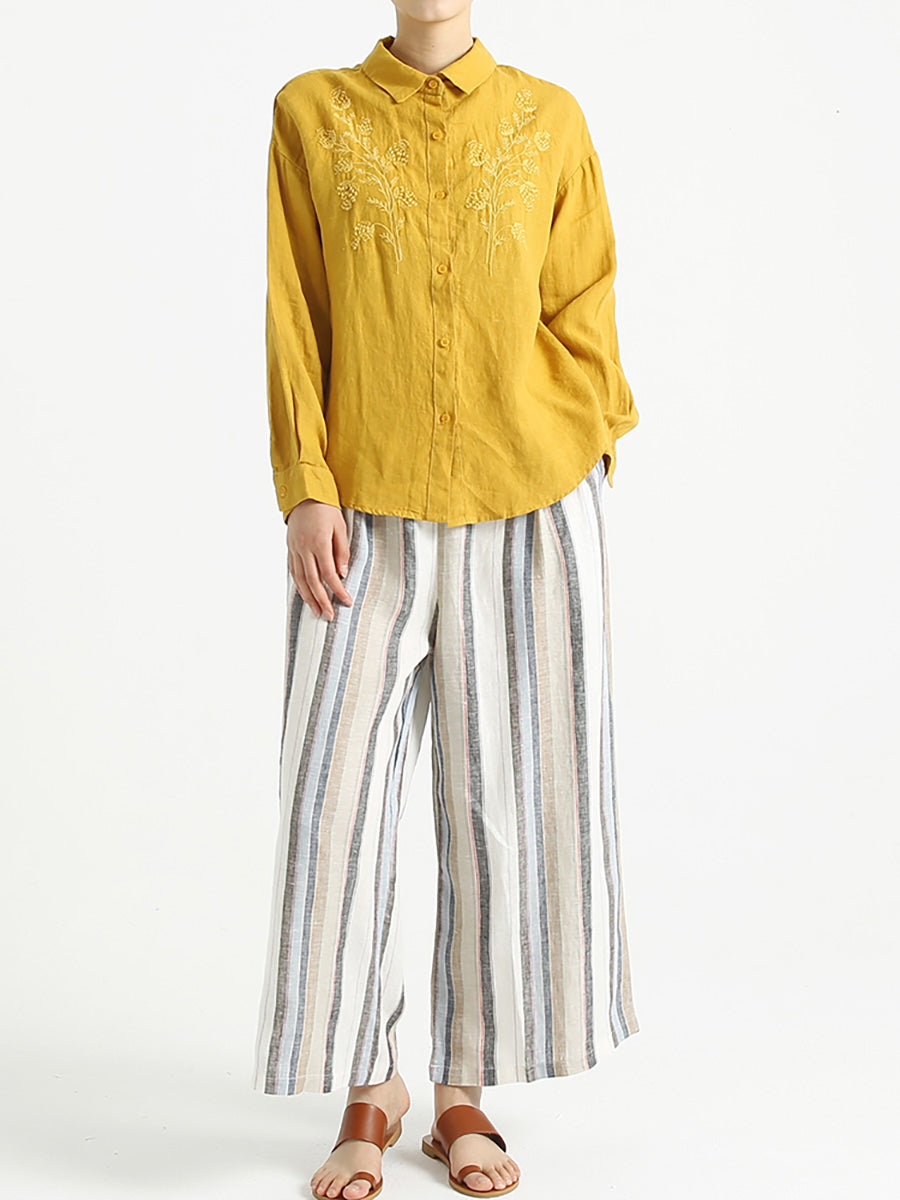Chemise ample brodée en lin à manches longues pour femme