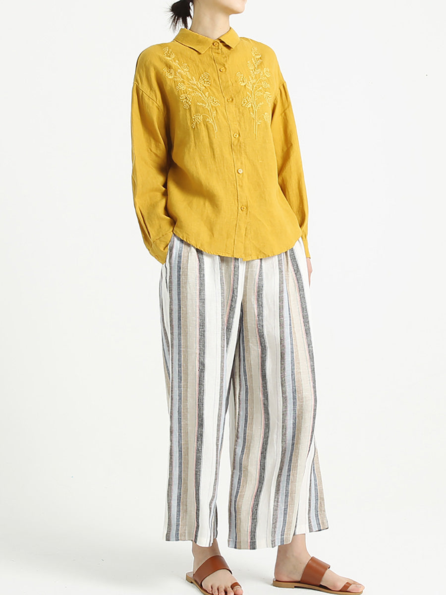 Chemise ample brodée en lin à manches longues pour femme