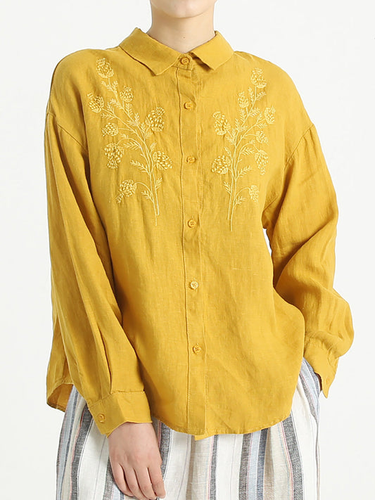 Camicia ampia da donna in lino a maniche lunghe ricamata