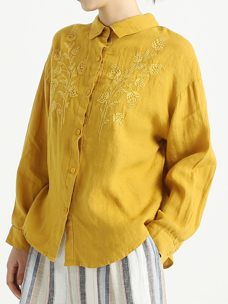 Chemise ample brodée en lin à manches longues pour femme