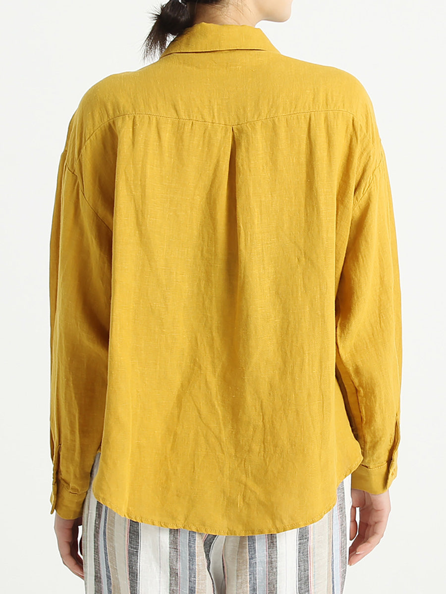 Chemise ample brodée en lin à manches longues pour femme