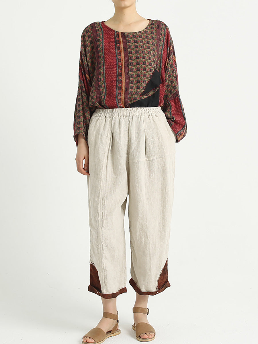 Pantalon sarouel ample en lin patchwork à taille élastique pour femme