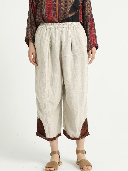 Patchwork Linen Loose Elastic Waist Women Harem Pants
