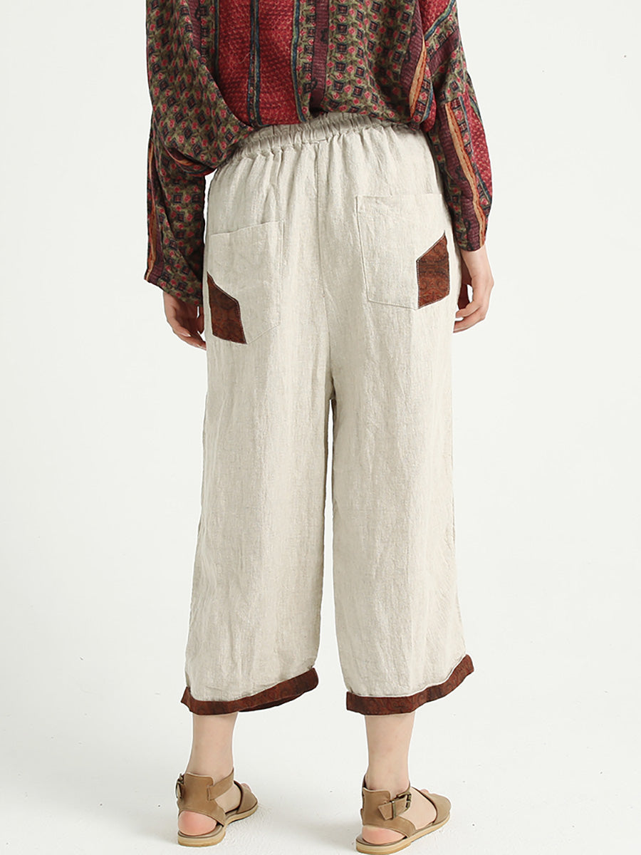 Pantalon sarouel ample en lin patchwork à taille élastique pour femme
