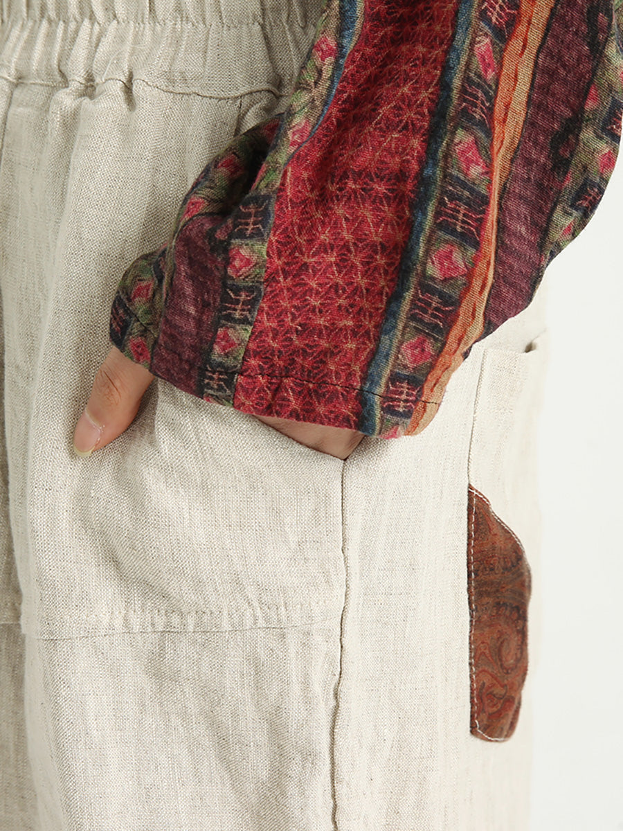 Pantalon sarouel ample en lin patchwork à taille élastique pour femme