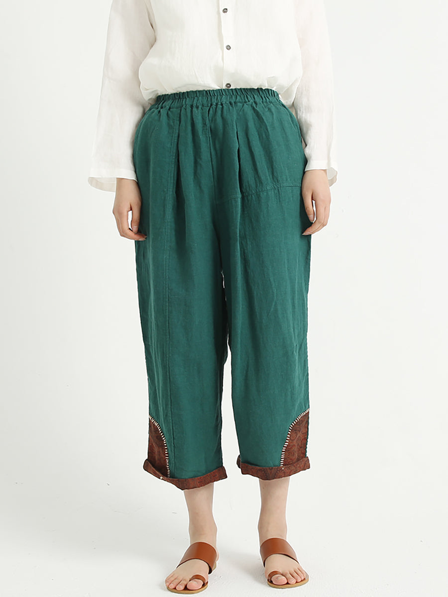 Pantalon sarouel ample en lin patchwork à taille élastique pour femme