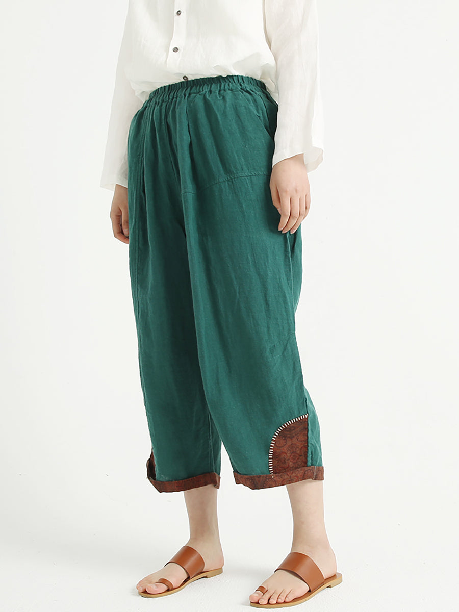 Pantalon sarouel ample en lin patchwork à taille élastique pour femme