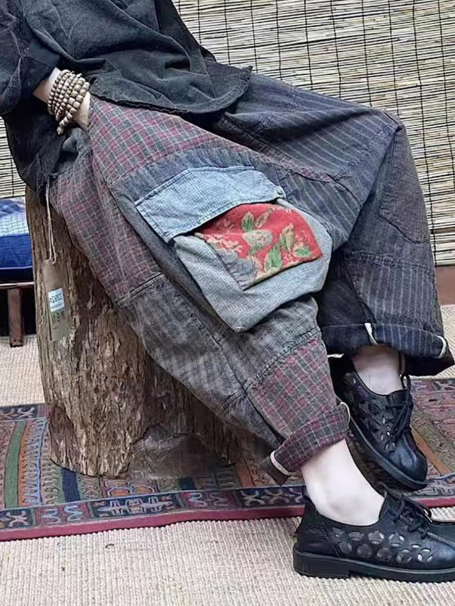 Pantaloni larghi da donna in stile cinese con patchwork e tasche