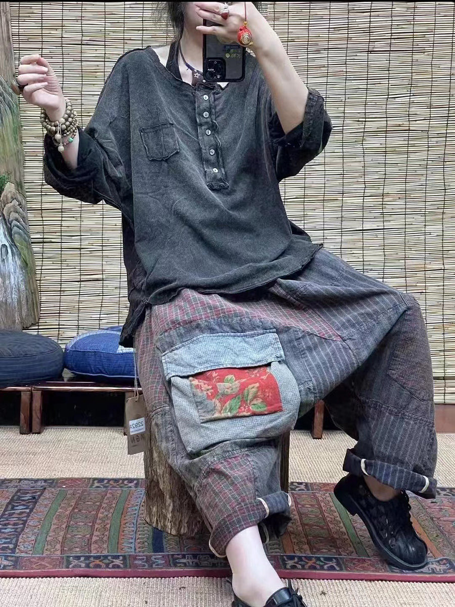 Pantaloni larghi da donna in stile cinese con patchwork e tasche