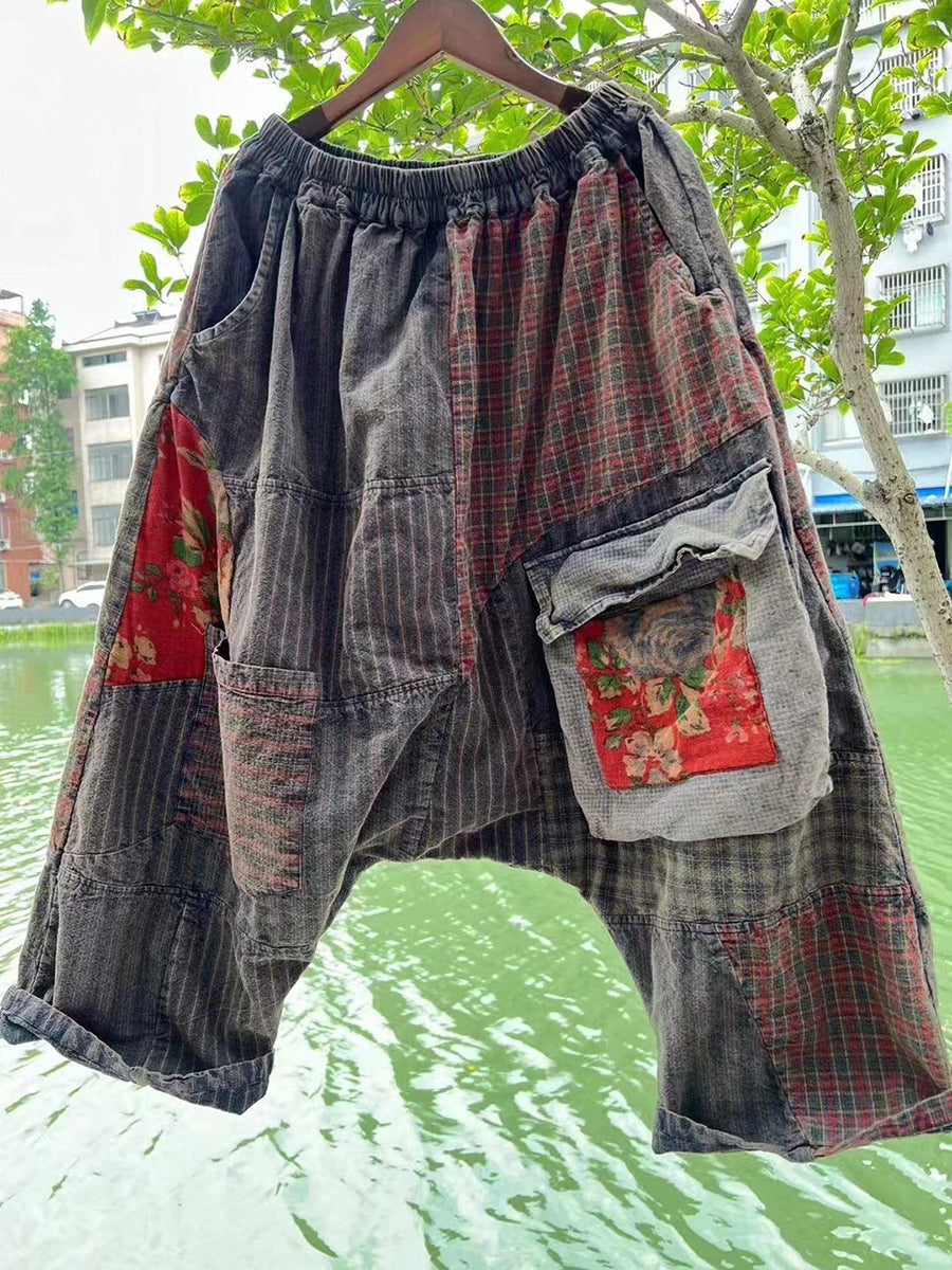 Pantaloni larghi da donna in stile cinese con patchwork e tasche