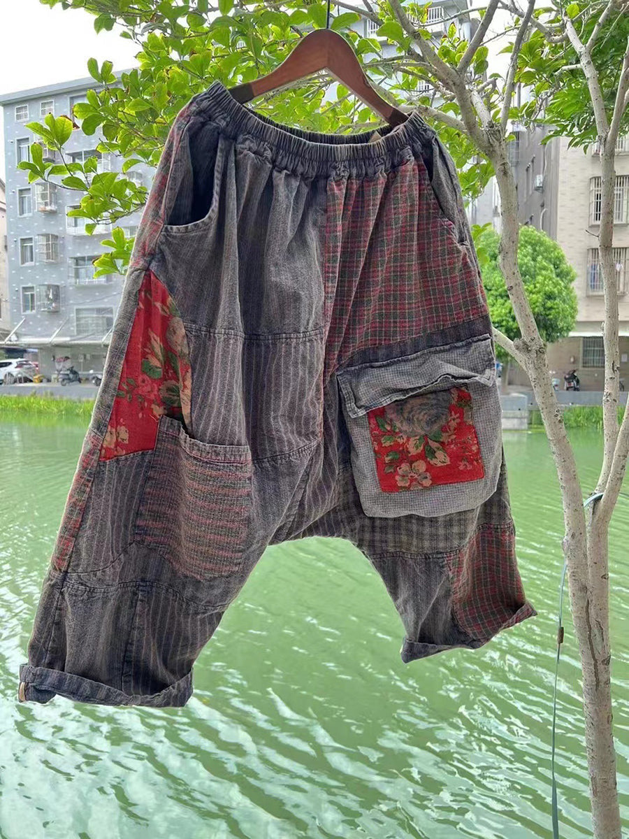 Pantaloni larghi da donna in stile cinese con patchwork e tasche
