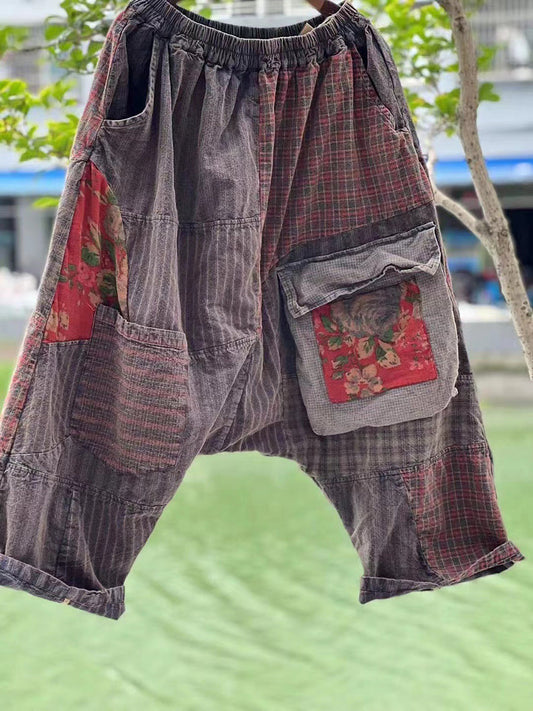 Pantaloni larghi da donna in stile cinese con patchwork e tasche