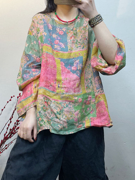 Camicia sottile e ampia con stampa floreale vintage primaverile da donna