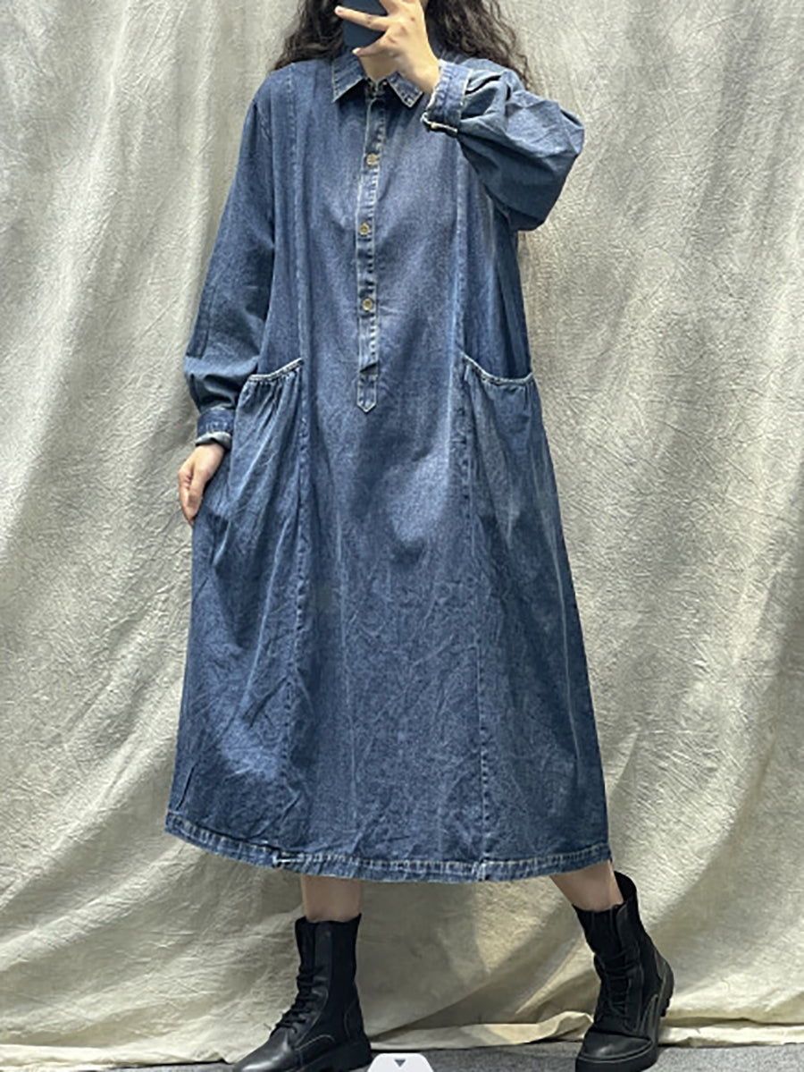 Women Spring Retro Pocket Button Loose Denim Dress