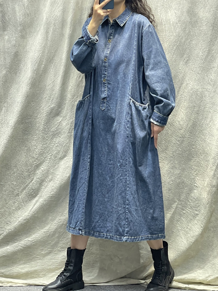 Women Spring Retro Pocket Button Loose Denim Dress