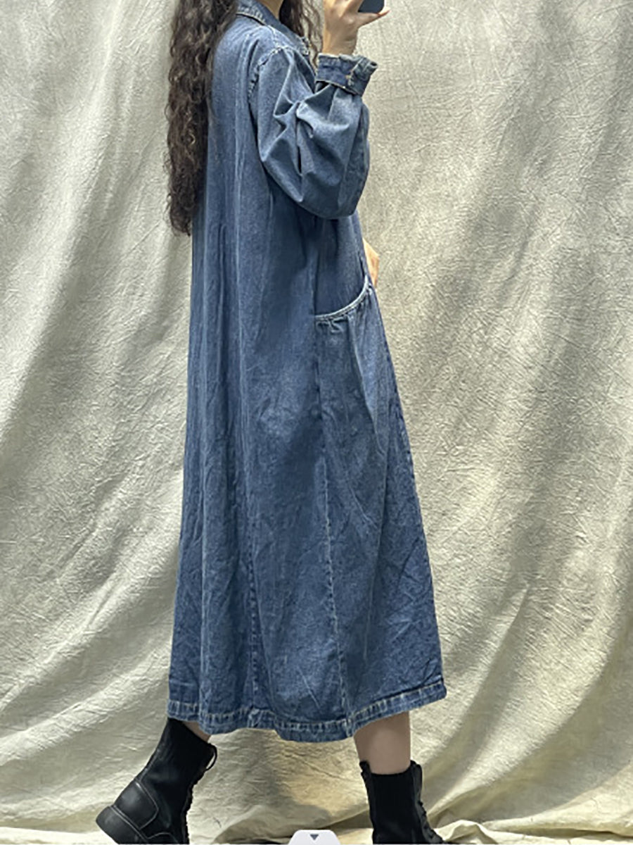 Women Spring Retro Pocket Button Loose Denim Dress