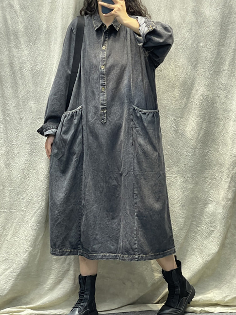 Women Spring Retro Pocket Button Loose Denim Dress