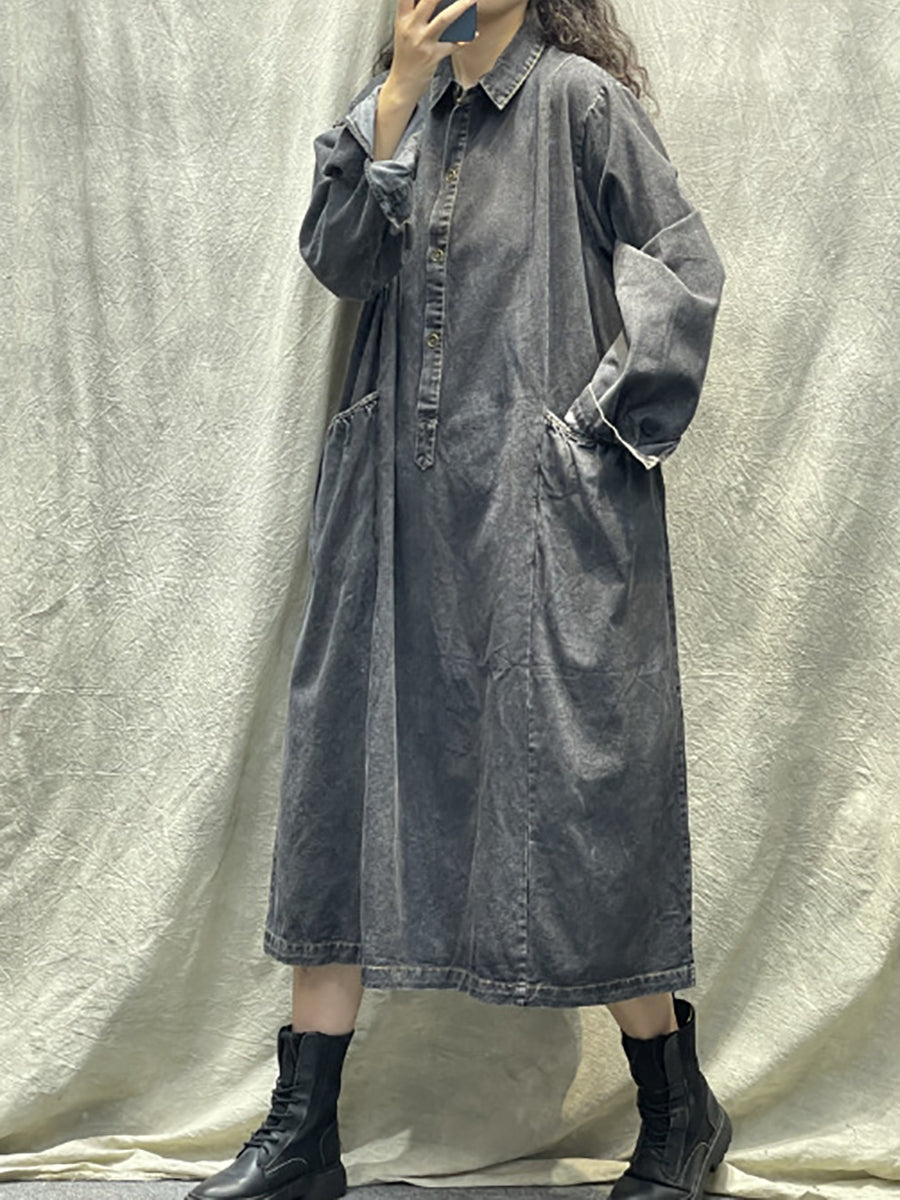Women Spring Retro Pocket Button Loose Denim Dress