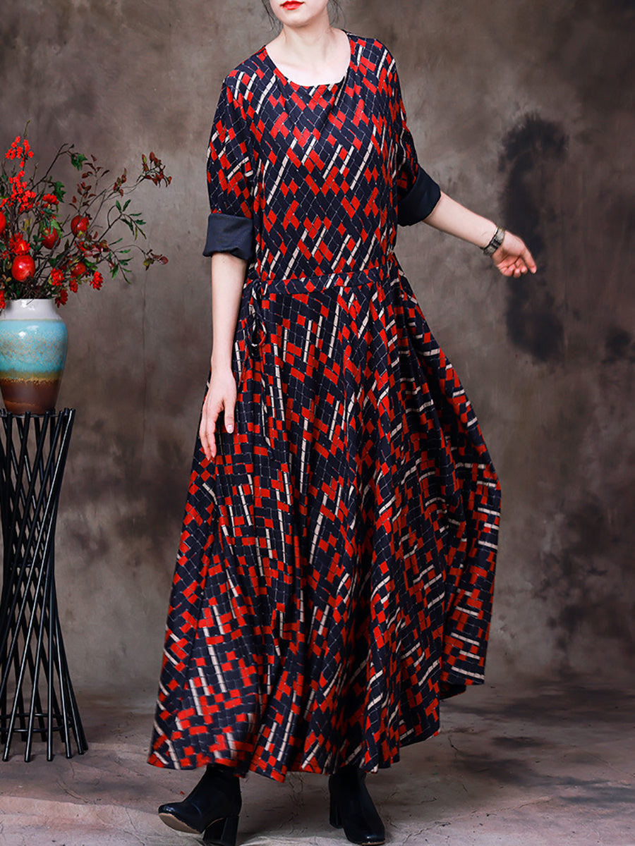 Abito lungo vintage da donna con orlo largo e motivo scozzese irregolare