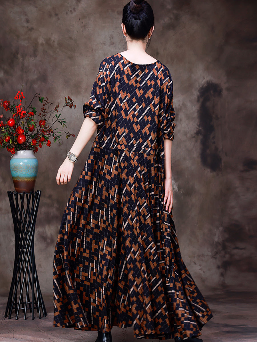 Abito lungo vintage da donna con orlo largo e motivo scozzese irregolare