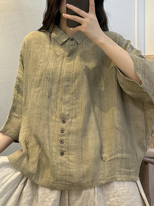 Camicia da donna estiva in ramiè con bottoni e piega, tinta unita, tie-dye