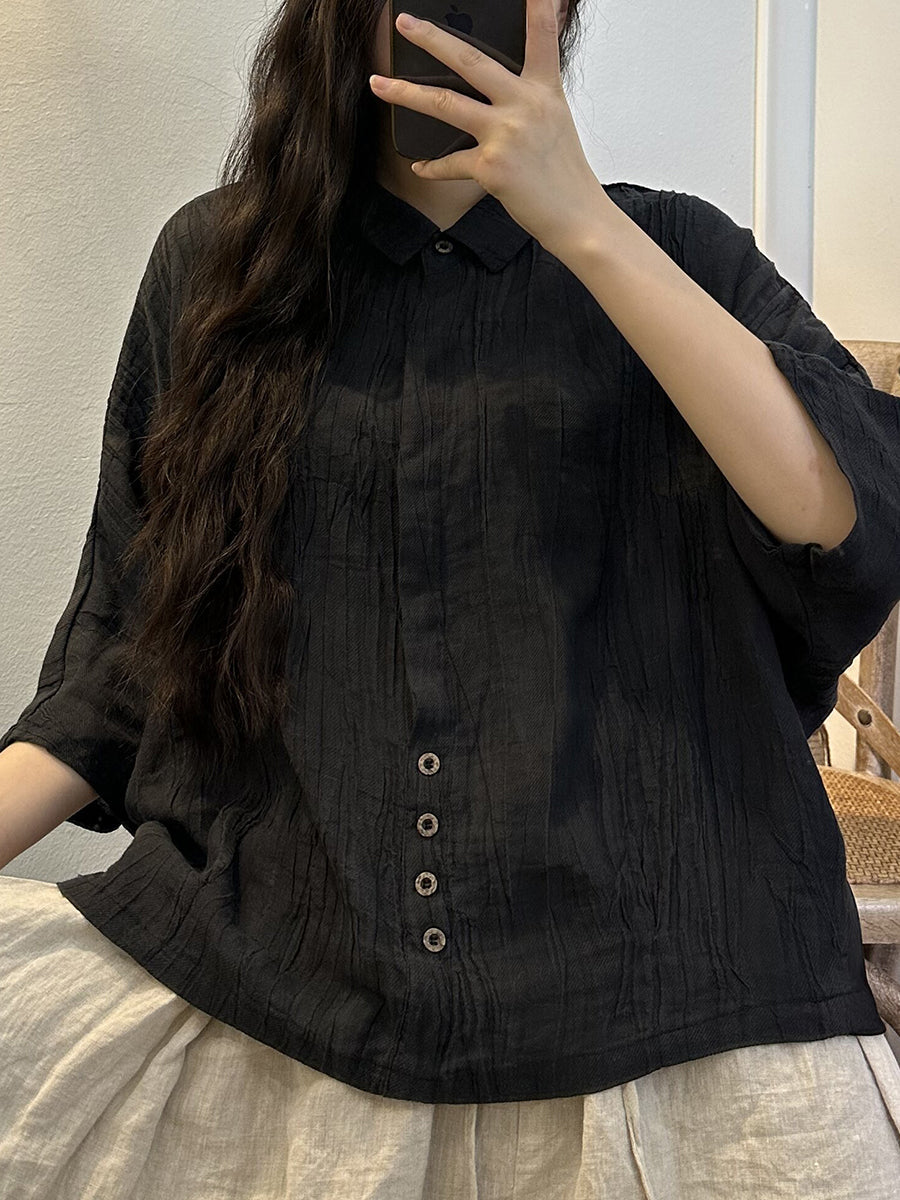 Camicia da donna estiva in ramiè con bottoni e piega, tinta unita, tie-dye