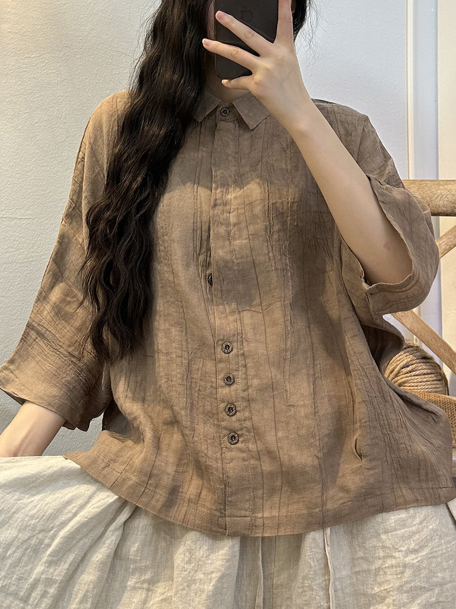 Camicia da donna estiva in ramiè con bottoni e piega, tinta unita, tie-dye
