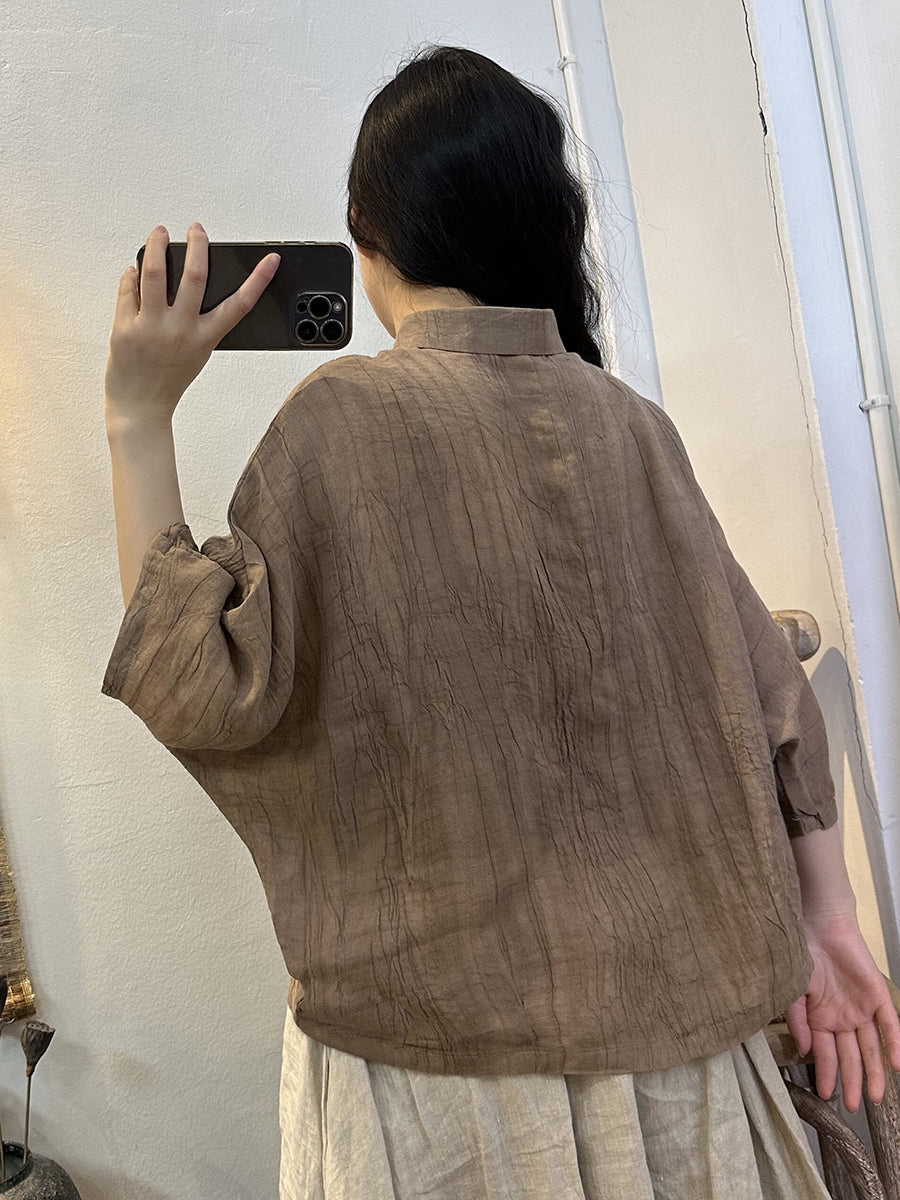 Camicia da donna estiva in ramiè con bottoni e piega, tinta unita, tie-dye