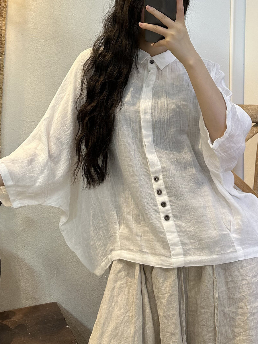 Camicia da donna estiva in ramiè con bottoni e piega, tinta unita, tie-dye