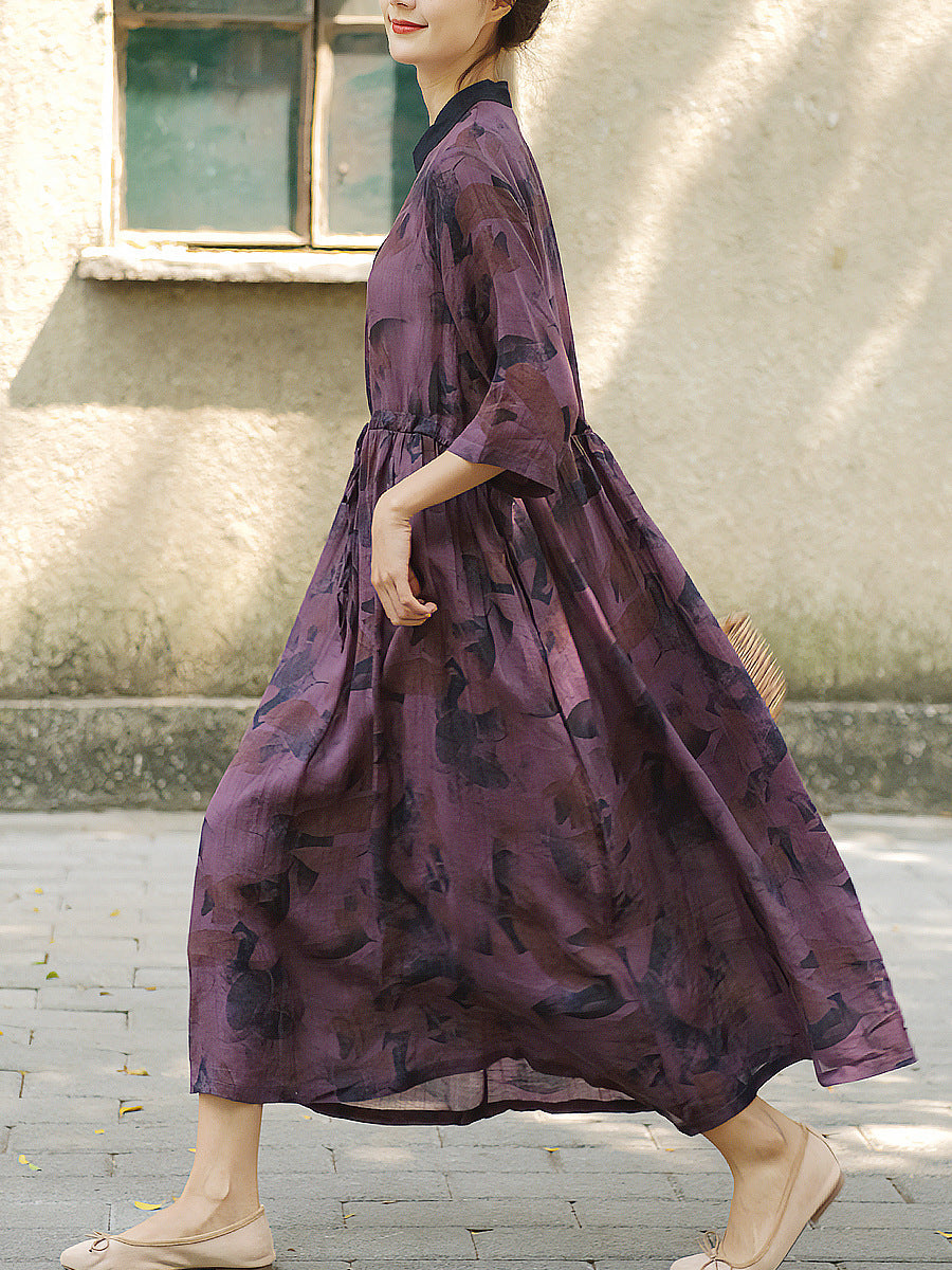 Women Chinese Style Drawstring Print Loose Dress