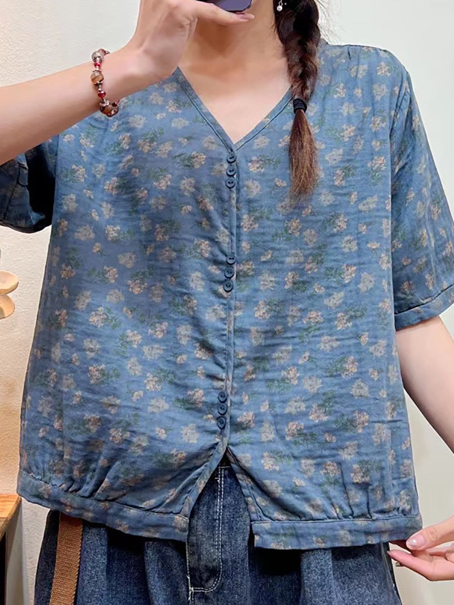 Camicia casual estiva con bottoni e stampa floreale da donna