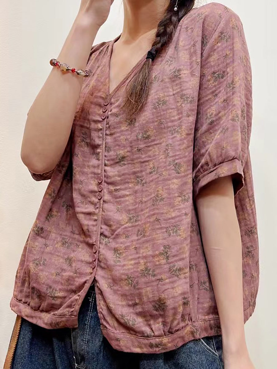 Camicia casual estiva con bottoni e stampa floreale da donna