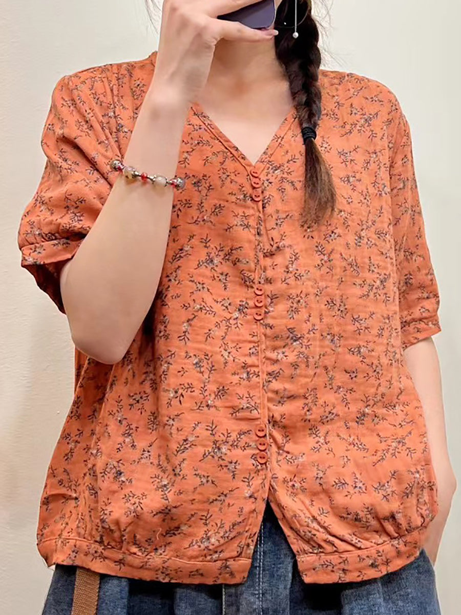 Camicia casual estiva con bottoni e stampa floreale da donna