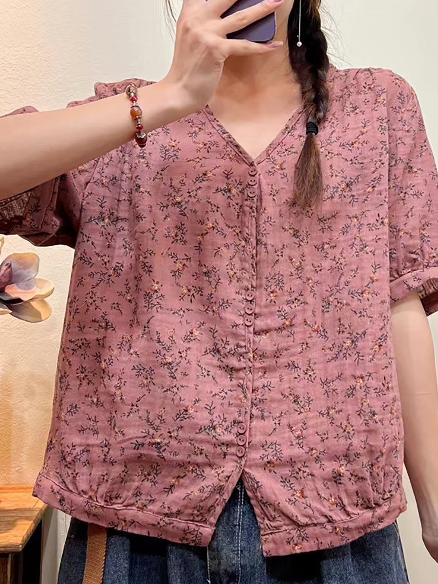 Camicia casual estiva con bottoni e stampa floreale da donna