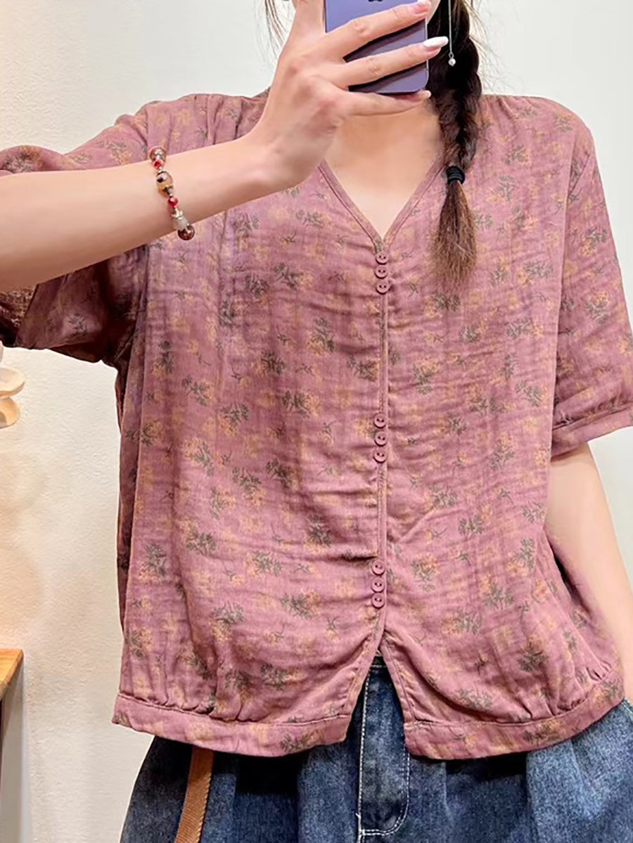 Camicia casual estiva con bottoni e stampa floreale da donna