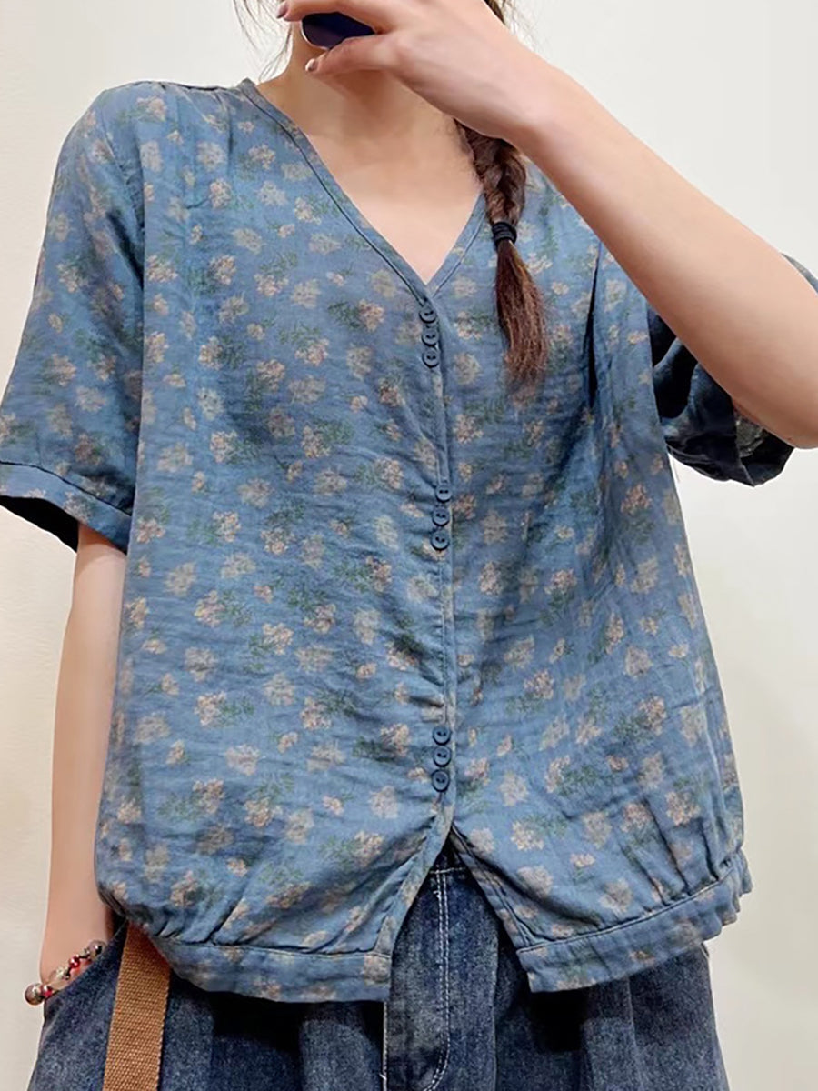 Camicia casual estiva con bottoni e stampa floreale da donna