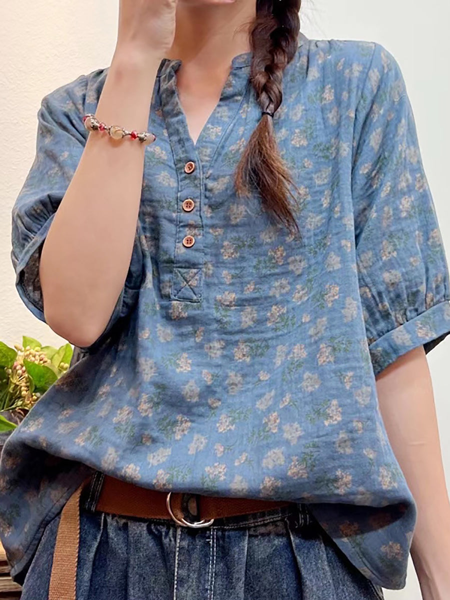 Camicia ampia con bottoni floreali artistici estivi da donna